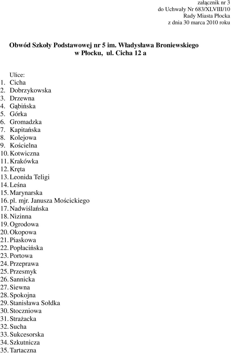 Marynarska 16. pl. mjr. Janusza Mościckiego 17. Nadwiślańska 18. Nizinna 19. Ogrodowa 20. Okopowa 21. Piaskowa 22. Popłacińska 23. Portowa 24.