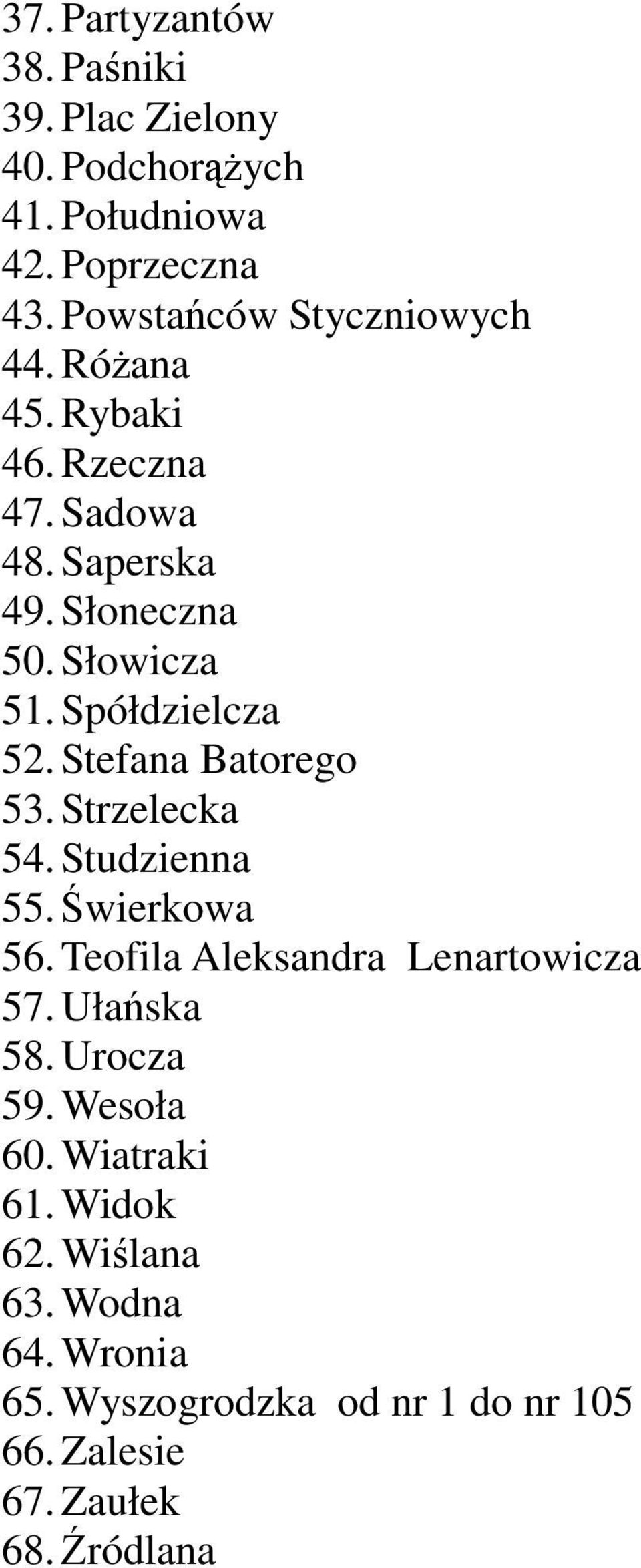 Spółdzielcza 52. Stefana Batorego 53. Strzelecka 54. Studzienna 55. Świerkowa 56. Teofila Aleksandra Lenartowicza 57.