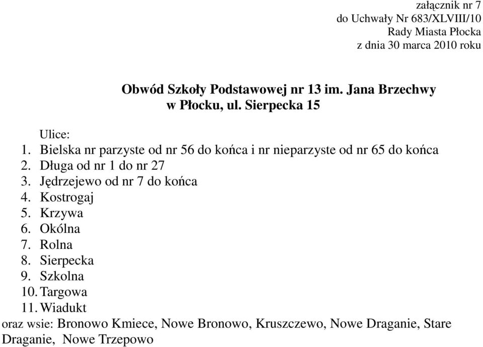 Jędrzejewo od nr 7 do końca 4. Kostrogaj 5. Krzywa 6. Okólna 7. Rolna 8. Sierpecka 9. Szkolna 10.