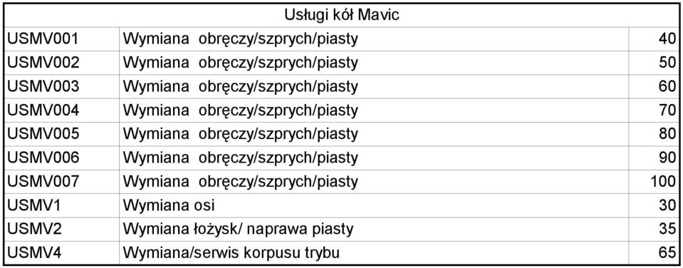 obręczy/szprych/piasty USMV006 Wymiana obręczy/szprych/piasty 90 USMV007 Wymiana