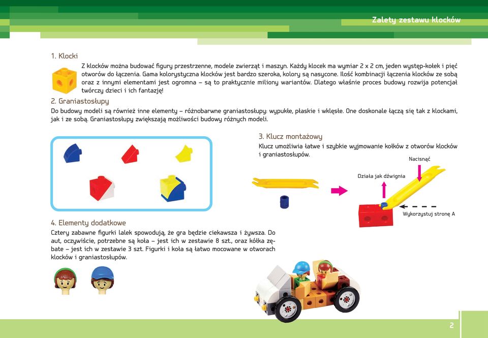 Dlatego właśnie proces budowy rozwija potencjał twórczy dzieci i ich fantazję! 2. Graniastosłupy Do budowy modeli są również inne elementy różnobarwne graniastosłupy: wypukłe, płaskie i wklęsłe.