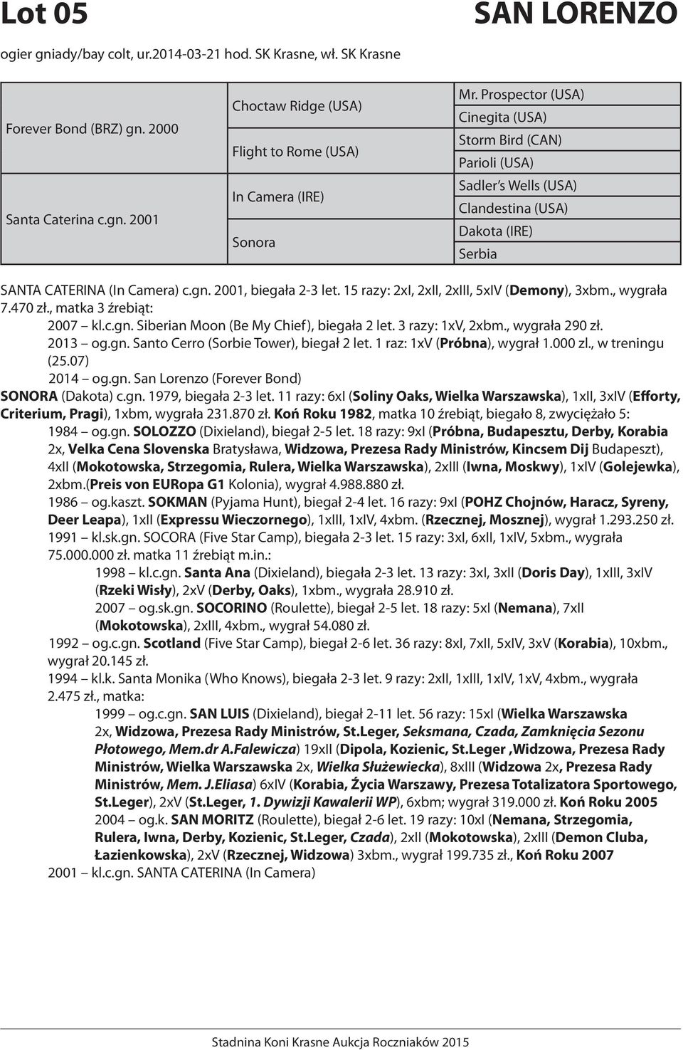 , wygrała 290 zł. 2013 og.gn. Santo Cerro (Sorbie Tower), biegał 2 let. 1 raz: 1xV (Próbna), wygrał 1.000 zl., w treningu (25.07) 2014 og.gn. San Lorenzo (Forever Bond) SONORA (Dakota) c.gn. 1979, biegała 2-3 let.