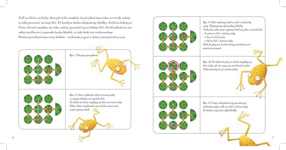 Poniżej przedstawiono serię skoków - wykonuje je gracz, który zainicjował tę serię. Rys. 9. Żaba wykonuje skok na liść z niebieską żabą. Zdejmujemy odpowiednią kładkę.