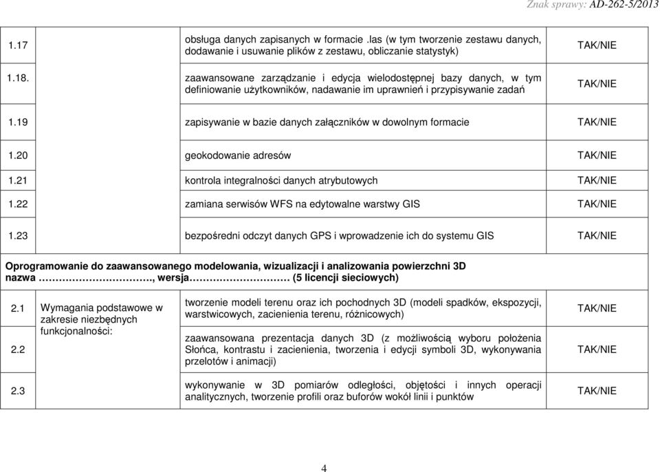 19 zapisywanie w bazie danych załączników w dowolnym formacie 1.20 geokodowanie adresów 1.21 kontrola integralności danych atrybutowych 1.22 zamiana serwisów WFS na edytowalne warstwy GIS 1.