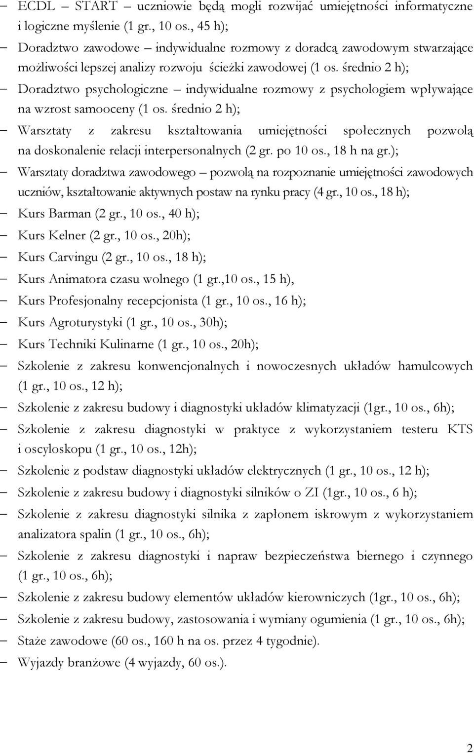 średnio 2 h); Doradztwo psychologiczne indywidualne rozmowy z psychologiem wpływające na wzrost samooceny (1 os.