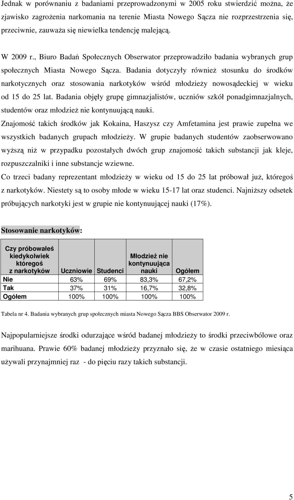 Badania dotyczyły równieŝ stosunku do środków narkotycznych oraz stosowania narkotyków wśród młodzieŝy nowosądeckiej w wieku od 15 do 25 lat.