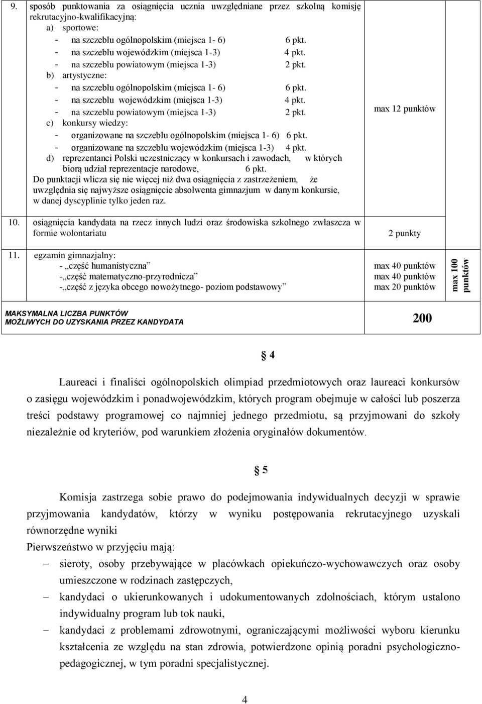 - na szczeblu wojewódzkim (miejsca 1-3) 4 pkt. - na szczeblu powiatowym (miejsca 1-3) 2 pkt. c) konkursy wiedzy: - organizowane na szczeblu ogólnopolskim (miejsca 1-6) 6 pkt.