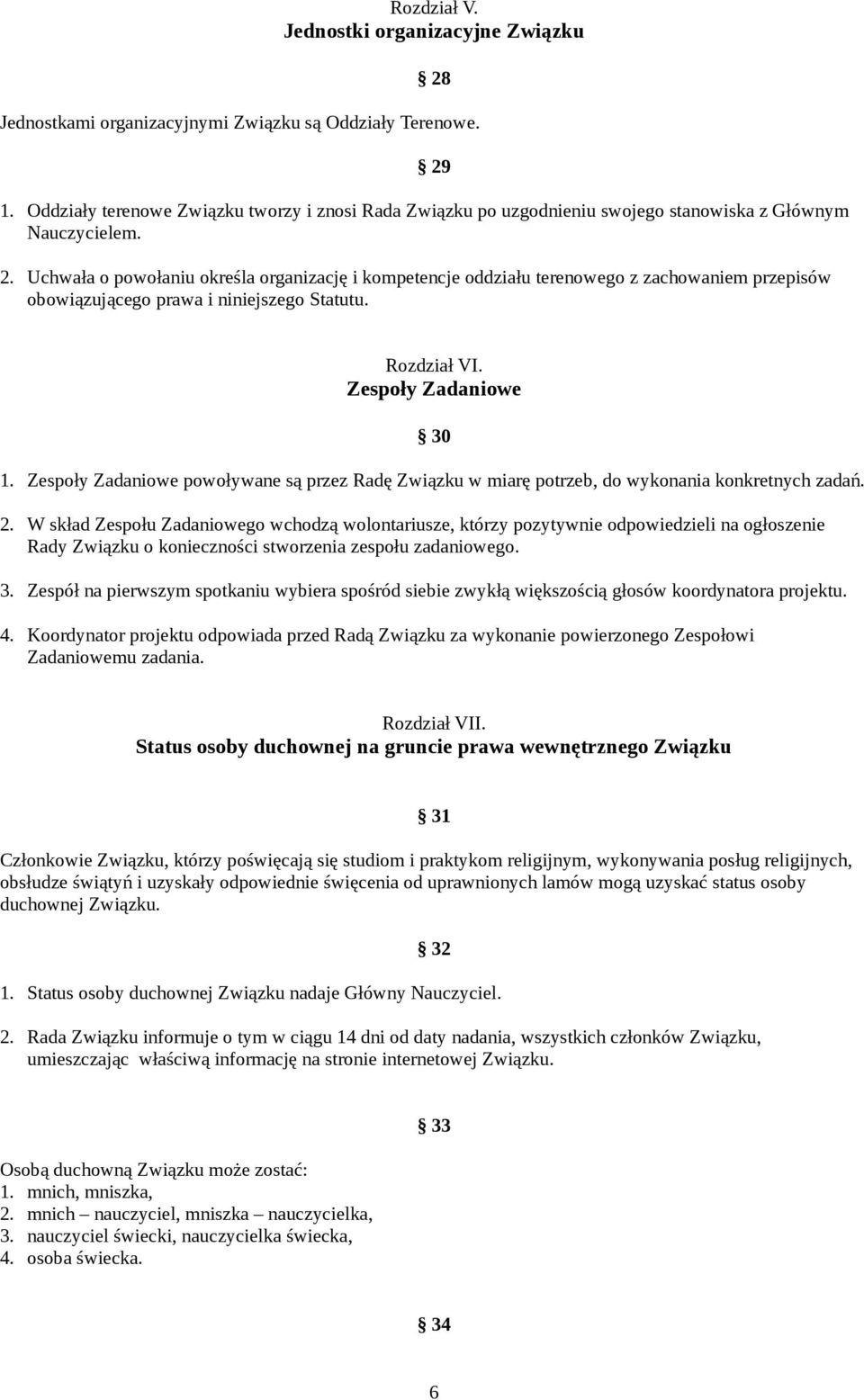 Uchwała o powołaniu określa organizację i kompetencje oddziału terenowego z zachowaniem przepisów obowiązującego prawa i niniejszego Statutu. Rozdział VI. Zespoły Zadaniowe 30 1.