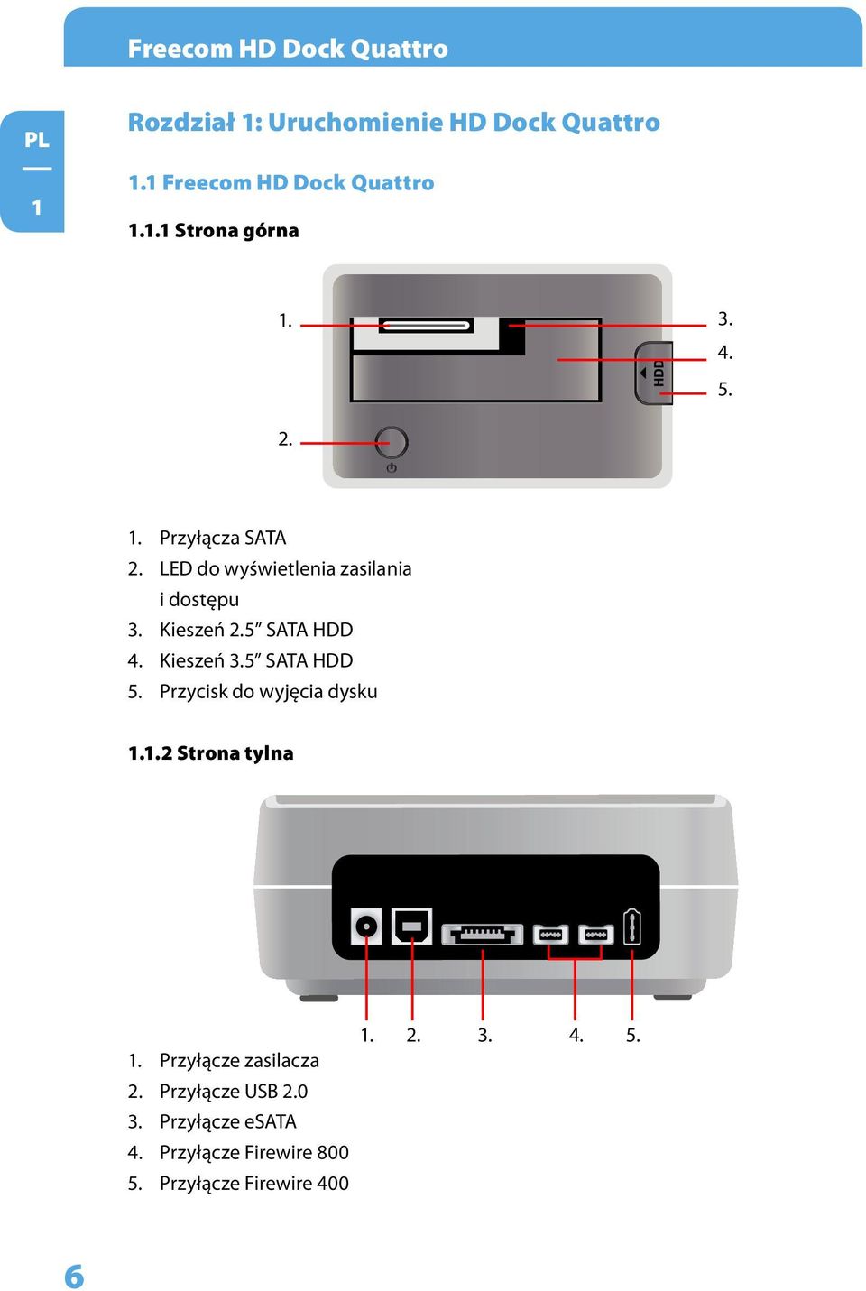 Kieszeń 3.5 SATA HDD 5. Przycisk do wyjęcia dysku 1.1.2 Strona tylna 1. Przyłącze zasilacza 2.