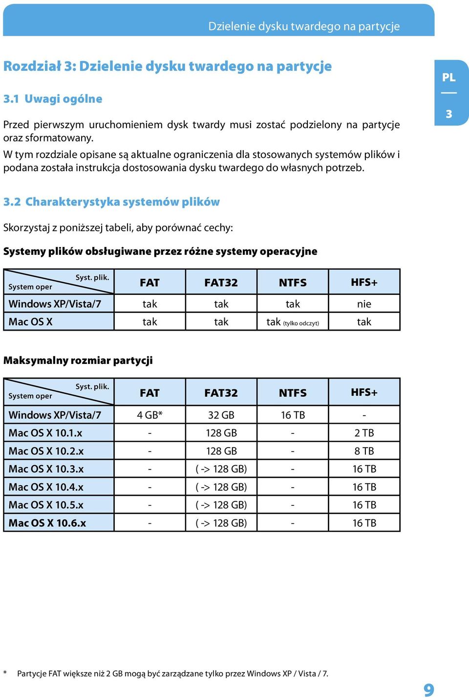 2 Charakterystyka systemów plików Skorzystaj z poniższej tabeli, aby porównać cechy: Systemy plików obsługiwane przez różne systemy operacyjne Syst. plik. System oper FAT FAT32 NTFS HFS+ Windows XP/Vista/7 tak tak tak nie Mac OS X tak tak tak (tylko odczyt) tak Maksymalny rozmiar partycji Syst.