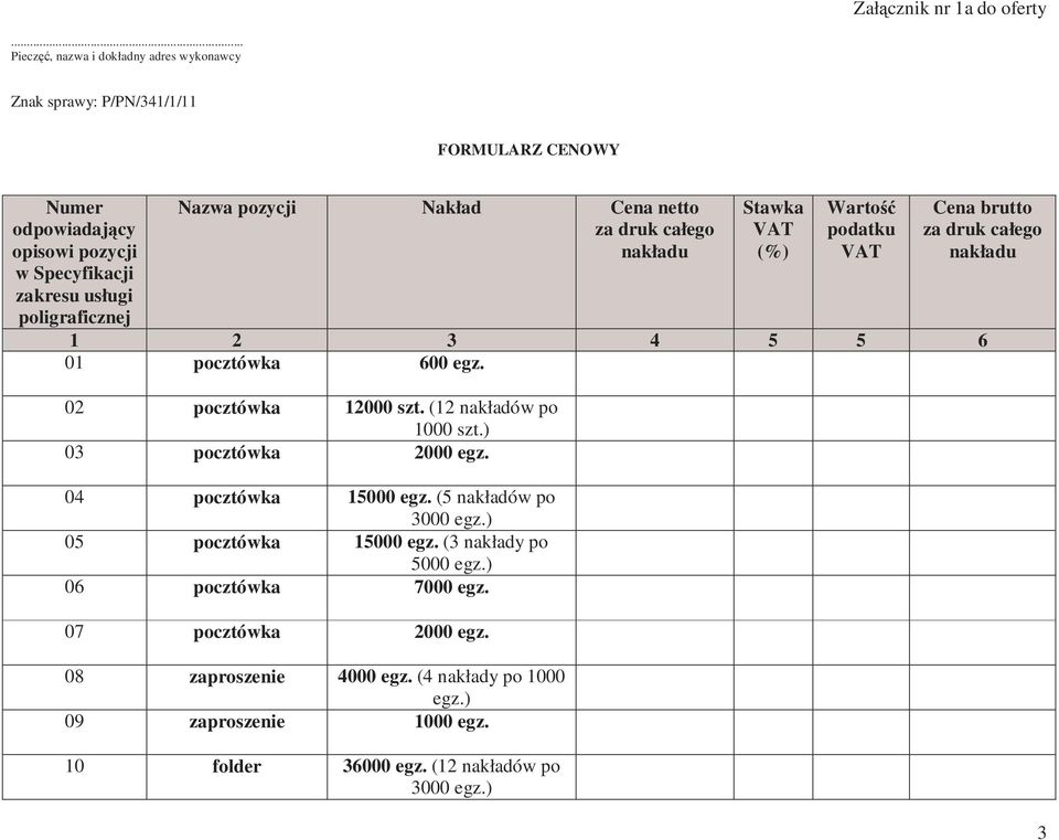 Nazwa pozycji Nakład Cena netto za druk całego nakładu Stawka VAT (%) Wartość podatku VAT Cena brutto za druk całego nakładu 1 2 3 4 5 5 6 01 pocztówka 600 egz.
