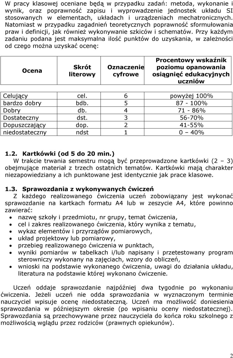 Przy każdym zadaniu podana jest maksymalna ilość punktów do uzyskania, w zależności od czego można uzyskać ocenę: Ocena Skrót literowy Oznaczenie cyfrowe Procentowy wskaźnik poziomu opanowania