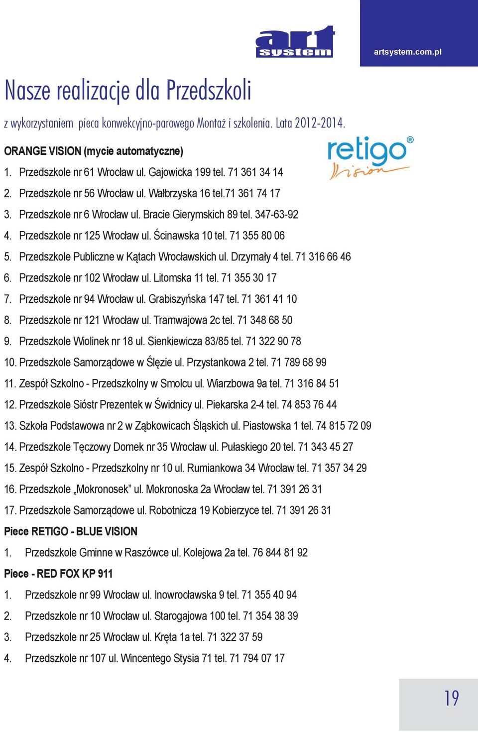 71 355 80 06 5. Przedszkole Publiczne w Kątach Wrocławskich ul. Drzymały 4 tel. 71 316 66 46 6. Przedszkole nr 102 Wrocław ul. Litomska 11 tel. 71 355 30 17 7. Przedszkole nr 94 Wrocław ul.