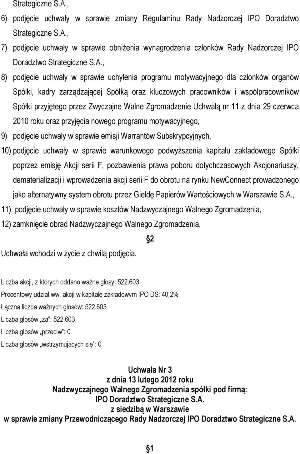 Zwyczajne Walne Zgromadzenie Uchwałą nr 11 z dnia 29 czerwca 2010 roku oraz przyjęcia nowego programu motywacyjnego, 9) podjęcie uchwały w sprawie emisji Warrantów Subskrypcyjnych, 10) podjęcie