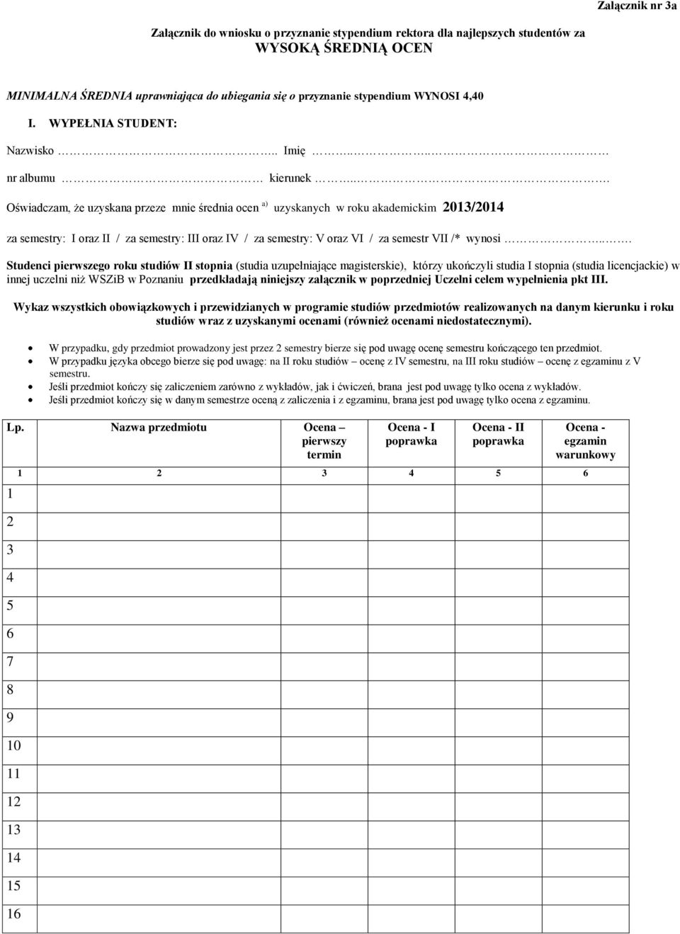 .. Oświadczam, że uzyskana przeze mnie średnia ocen a) uzyskanych w roku akademickim 2013/2014 za semestry: I oraz II / za semestry: III oraz IV / za semestry: V oraz VI / za semestr VII /* wynosi.