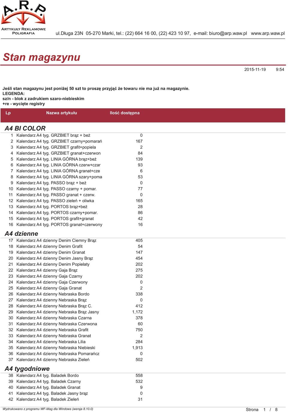 LEGENDA: sz/n - blok z zadrukiem szaro-niebieskim +re - wycięte registry Lp Nazwa artykułu Ilość dostępna A4 BI COLOR 1 Kalendarz A4 tyg. GRZBIET brąz + beż 0 2 Kalendarz A4 tyg.