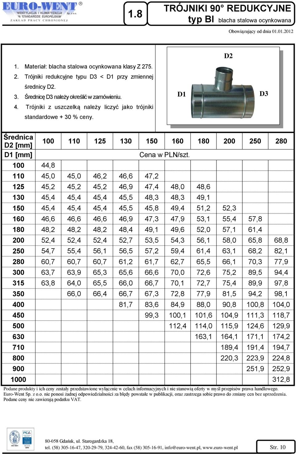 D1 D2 D3 Średnica D2 [mm] D1 [mm] 100 44,8 100 110 125 130 150 160 180 200 250 280 110 45,0 45,0 46,2 46,6 47,2 125 45,2 45,2 45,2 46,9 47,4 48,0 48,6 130 45,4 45,4 45,4 45,5 48,3 48,3 49,1 150 45,4