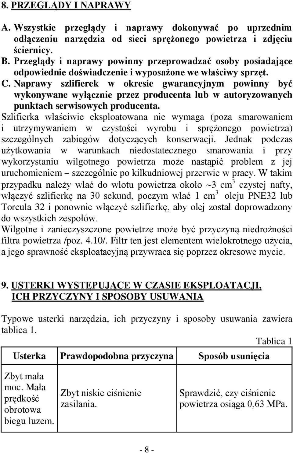 Naprawy szlifierek w okresie gwarancyjnym powinny być wykonywane wyłącznie przez producenta lub w autoryzowanych punktach serwisowych producenta.