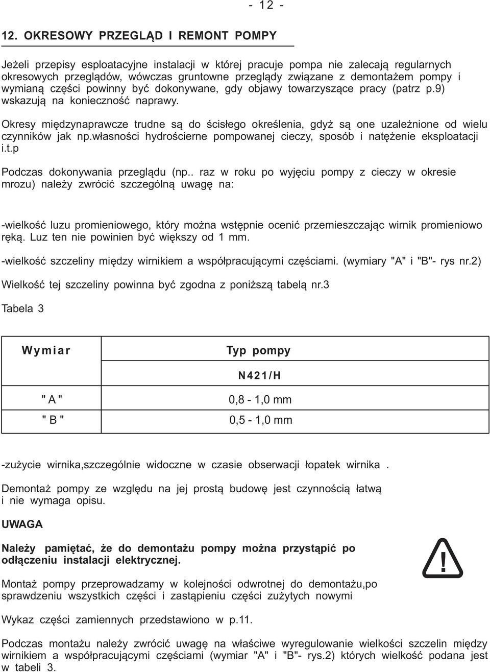 pompy i wymianą części powinny być dokonywane, gdy objawy towarzyszące pracy (patrz p.9) wskazują na konieczność naprawy.
