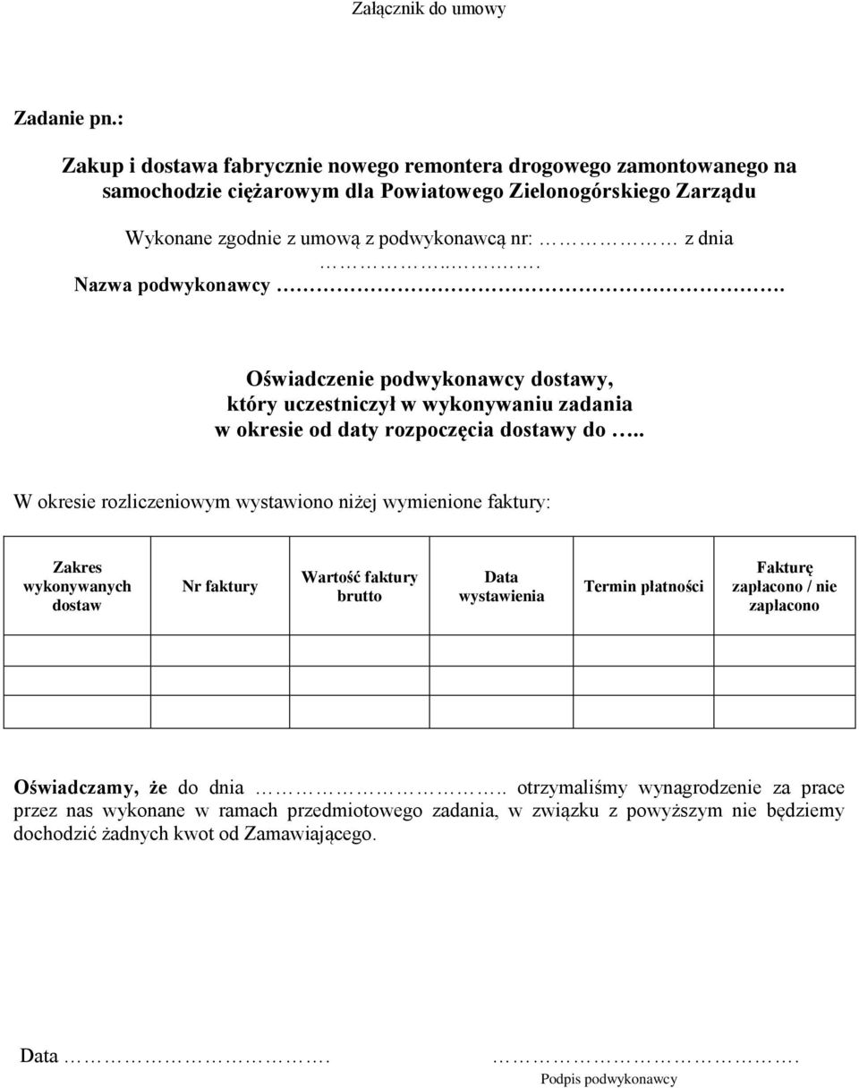 ... Nazwa podwykonawcy. Oświadczenie podwykonawcy dostawy, który uczestniczył w wykonywaniu zadania w okresie od daty rozpoczęcia dostawy do.