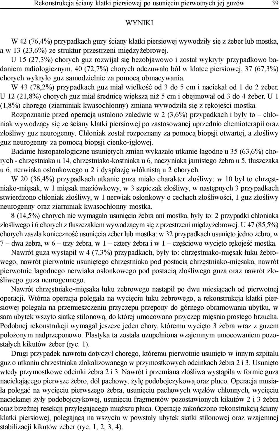 U 15 (27,3%) chorych guz rozwijał się bezobjawowo i został wykryty przypadkowo badaniem radiologicznym, 40 (72,7%) chorych odczuwało ból w klatce piersiowej, 37 (67,3%) chorych wykryło guz