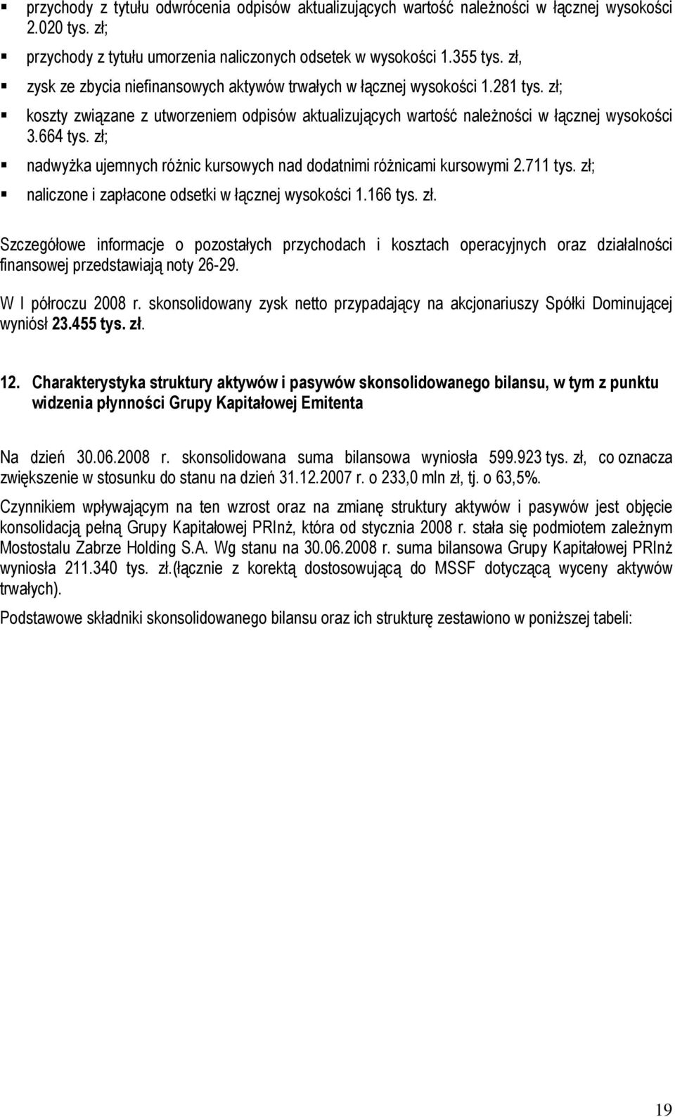 zł; nadwyŝka ujemnych róŝnic kursowych nad dodatnimi róŝnicami kursowymi 2.711 tys. zł;