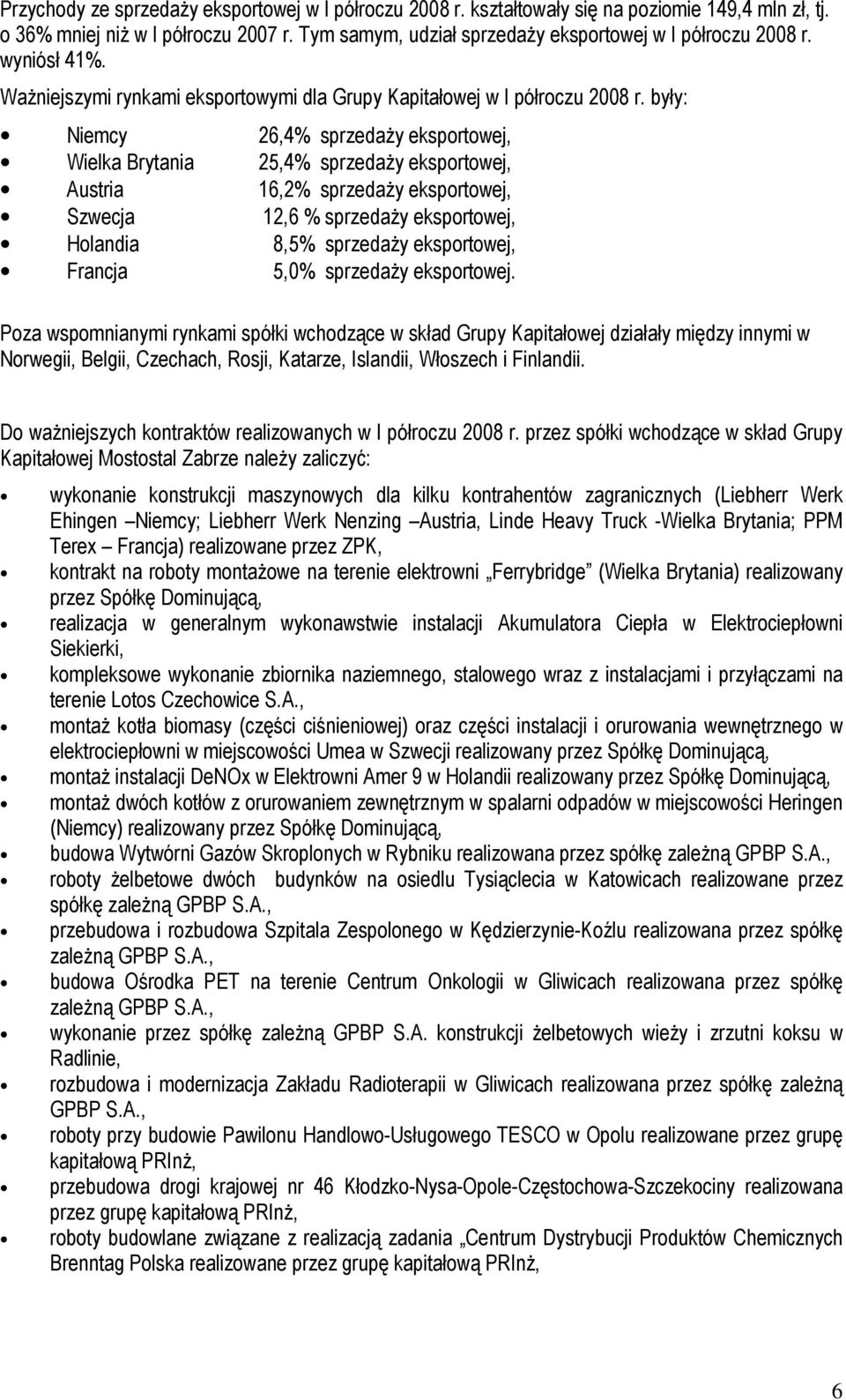 były: Niemcy 26,4% sprzedaŝy eksportowej, Wielka Brytania 25,4% sprzedaŝy eksportowej, Austria 16,2% sprzedaŝy eksportowej, Szwecja 12,6 % sprzedaŝy eksportowej, Holandia 8,5% sprzedaŝy eksportowej,
