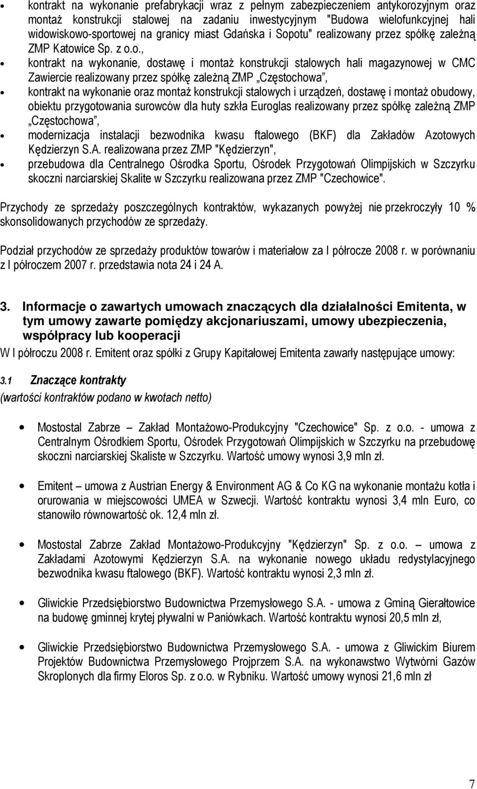 otu" realizowany przez spółkę zaleŝną ZMP Katowice Sp. z o.o., kontrakt na wykonanie, dostawę i montaŝ konstrukcji stalowych hali magazynowej w CMC Zawiercie realizowany przez spółkę zaleŝną ZMP