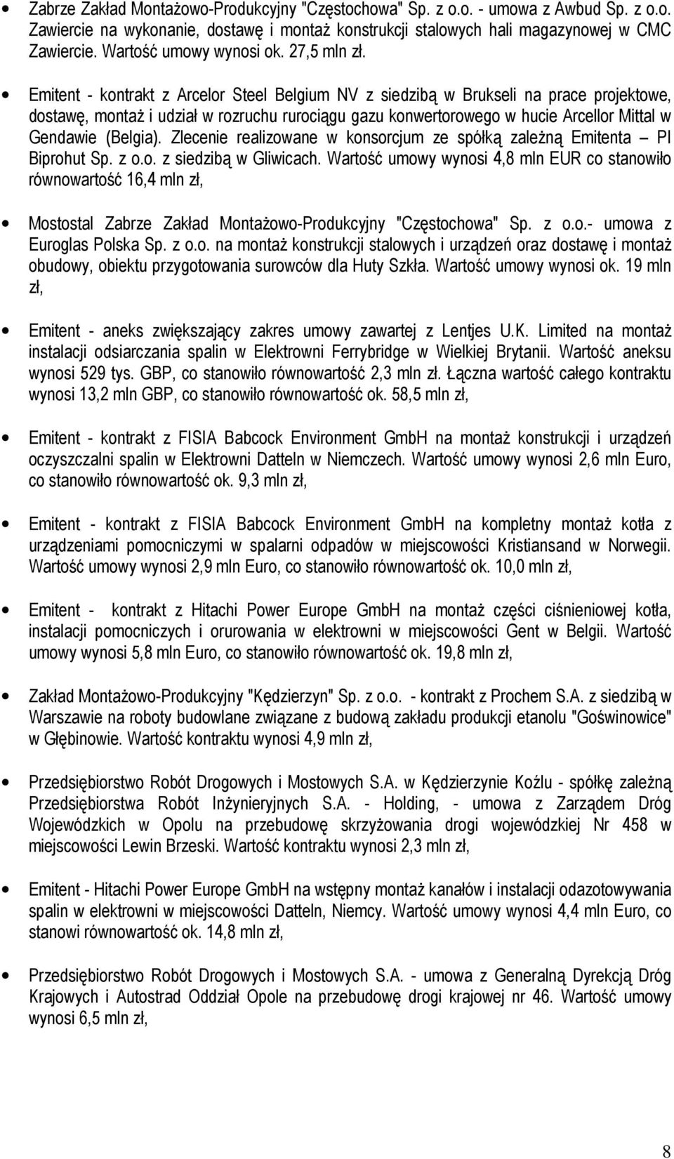 Emitent - kontrakt z Arcelor Steel Belgium NV z siedzibą w Brukseli na prace projektowe, dostawę, montaŝ i udział w rozruchu rurociągu gazu konwertorowego w hucie Arcellor Mittal w Gendawie (Belgia).