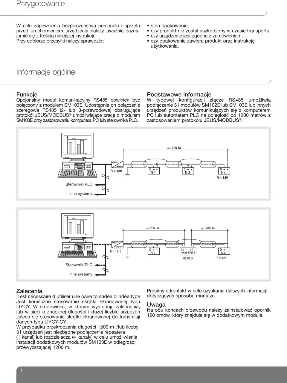 instrukcję użytkowania. Informacje ogólne Funkcje Opcjonalny moduł komunikacyjny RS485 powinien być połączony z modułem SM103E.