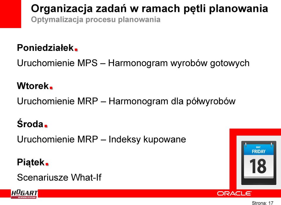 Uruchomienie MPS Harmonogram wyrobów gotowych Wtorek.
