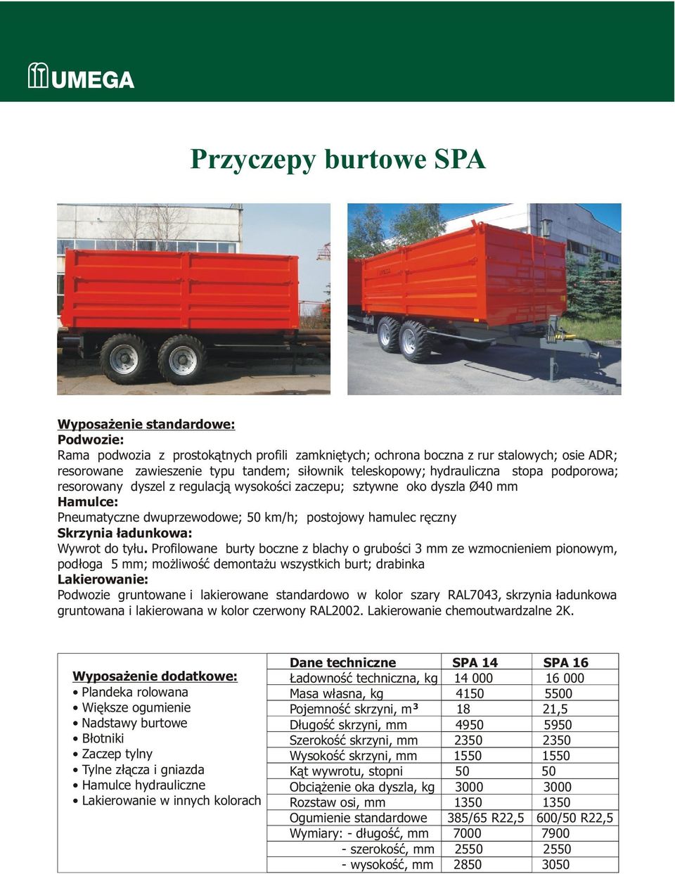 Profilowane burty boczne z blachy o gruboœci mm ze wzmocnieniem pionowym, pod³oga 5 mm; mo liwoœæ demonta u wszystkich burt; drabinka B³otniki Zaczep tylny Tylne z³¹cza i gniazda Dane techniczne SPA