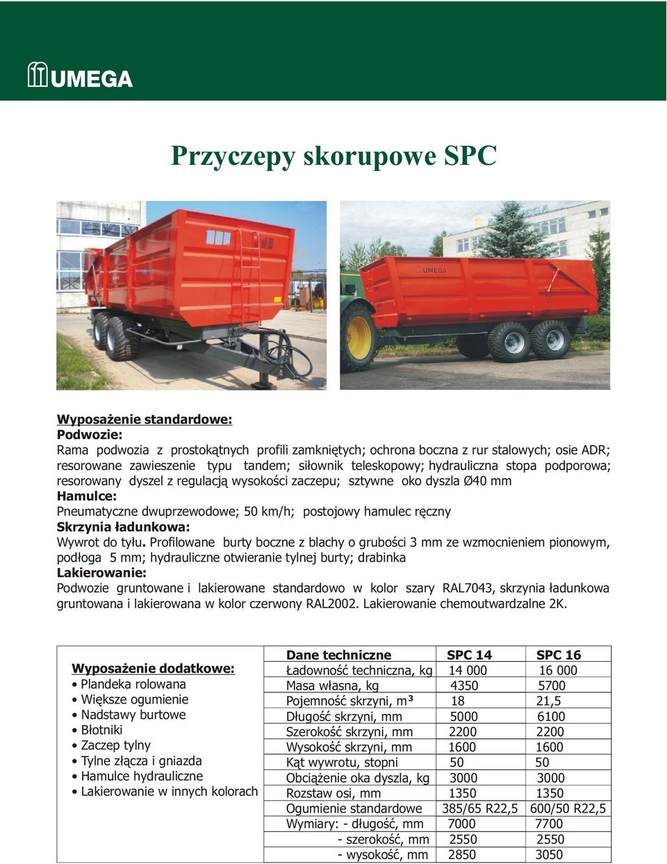Profilowane burty boczne z blachy o gruboœci mm ze wzmocnieniem pionowym, pod³oga 5 mm; hydrauliczne otwieranie tylnej burty; drabinka B³otniki Zaczep tylny Tylne z³¹cza i gniazda Dane techniczne SPC