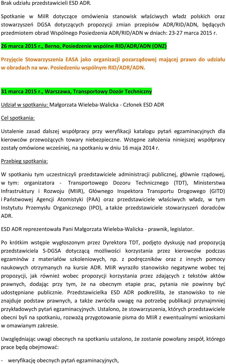 ADR/RID/ADN w dniach: 23-27 marca 2015 r. 26 marca 2015 r.