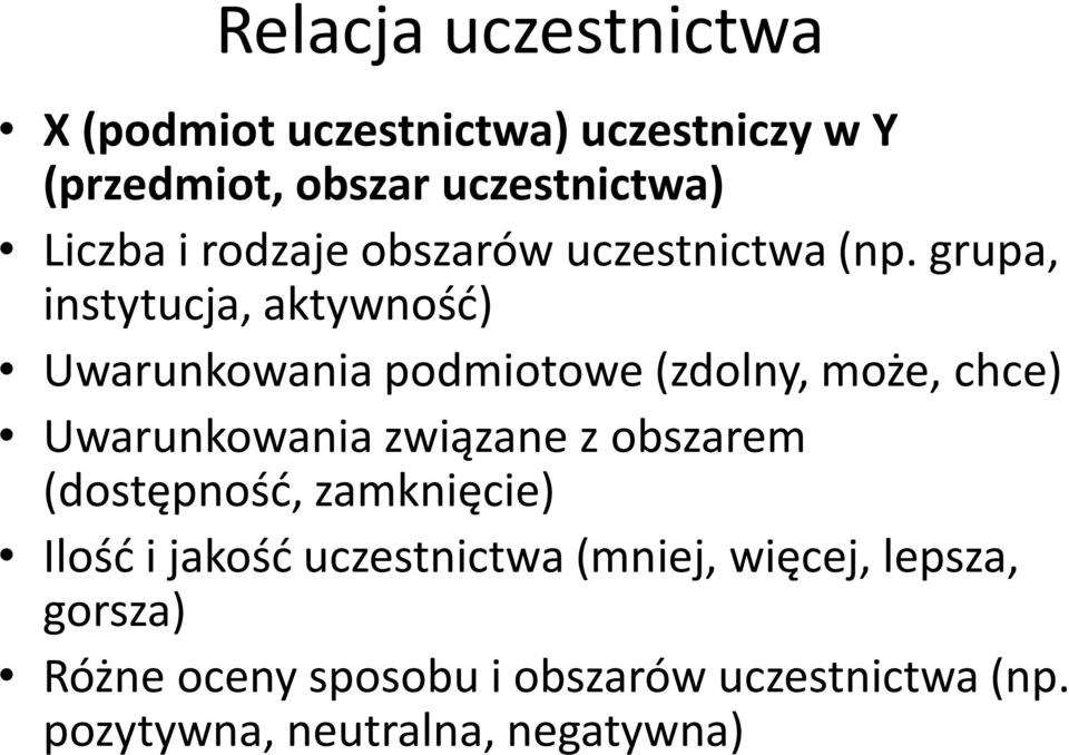 grupa, instytucja, aktywność) Uwarunkowania podmiotowe (zdolny, może, chce) Uwarunkowania związane z
