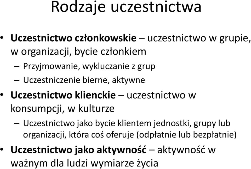 konsumpcji, w kulturze Uczestnictwo jako bycie klientem jednostki, grupy lub organizacji, która coś