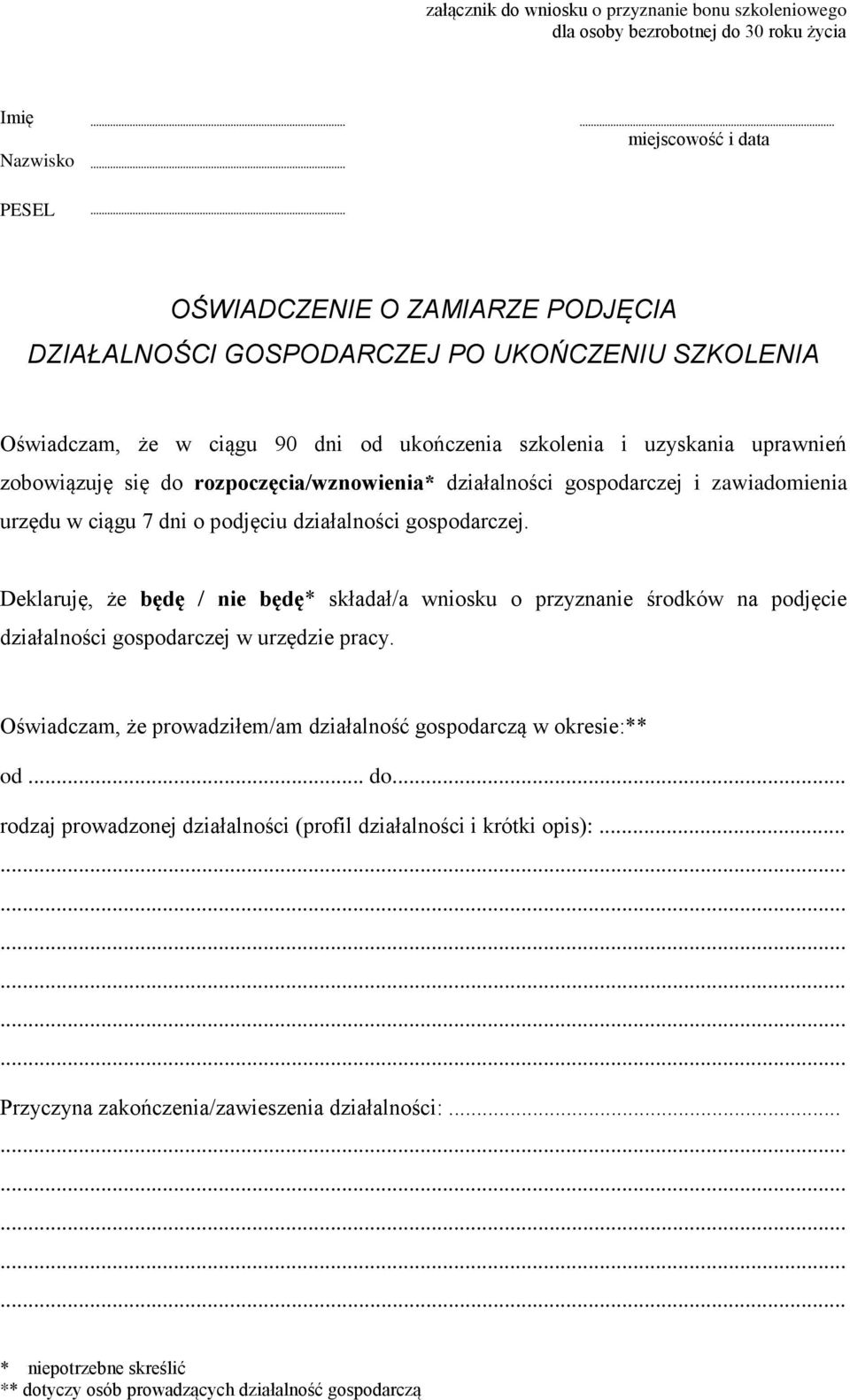 dni o podjęciu działalności gospodarczej. Deklaruję, że będę / nie będę* składał/a wniosku o przyznanie środków na podjęcie działalności gospodarczej w urzędzie pracy.