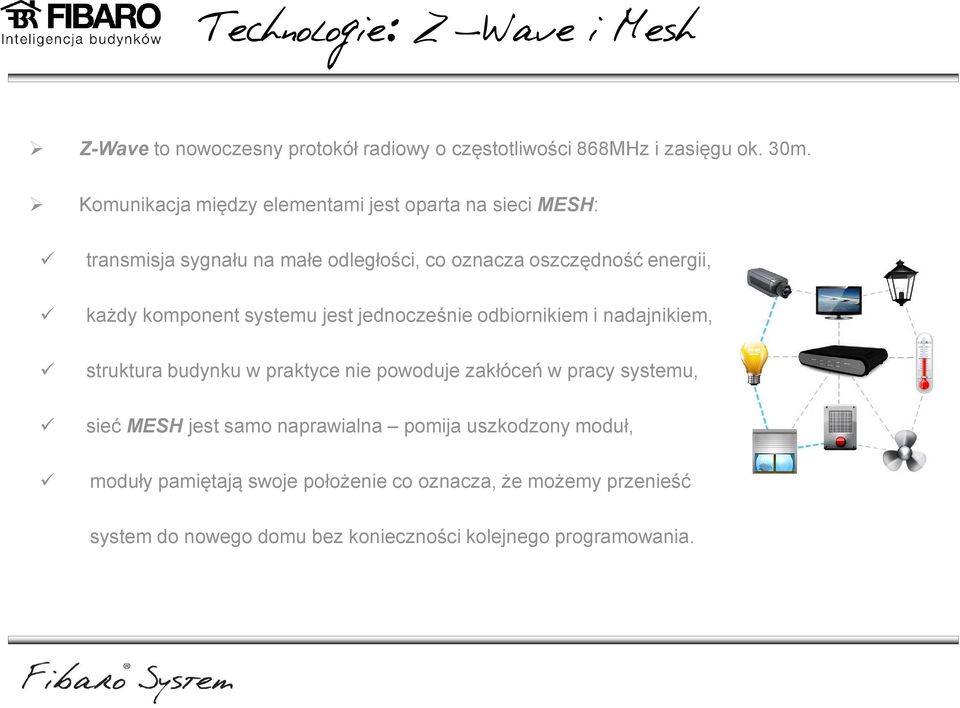 komponent systemu jest jednocześnie odbiornikiem i nadajnikiem, struktura budynku w praktyce nie powoduje zakłóceń w pracy systemu, sieć