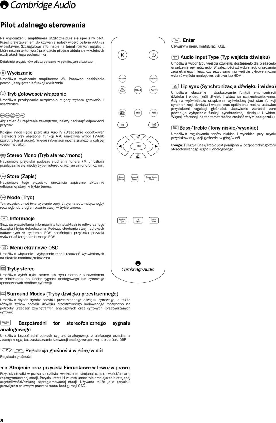 Działanie przycisków pilota opisano w poniższych akapitach. Wyciszanie Umożliwia wyciszenie amplitunera AV. Ponowne naciśnięcie powoduje wyłączenie funkcji wyciszenia.