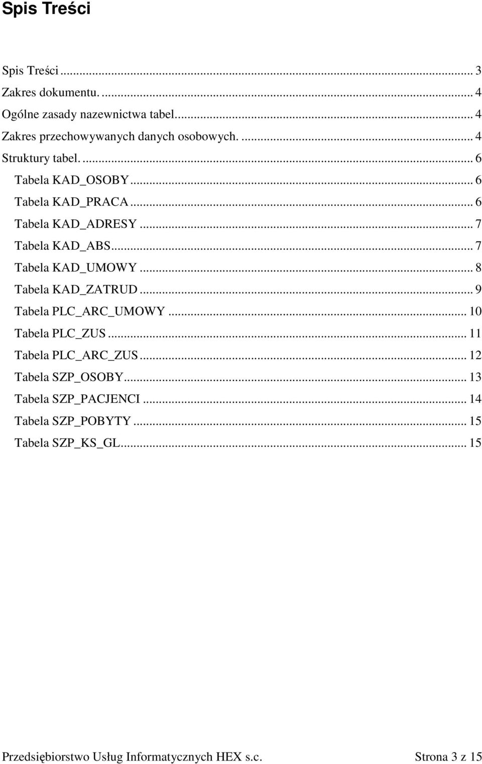 .. 8 Tabela KAD_ZATRUD... 9 Tabela PLC_ARC_UMOWY... 10 Tabela PLC_ZUS... 11 Tabela PLC_ARC_ZUS... 12 Tabela SZP_OSOBY.