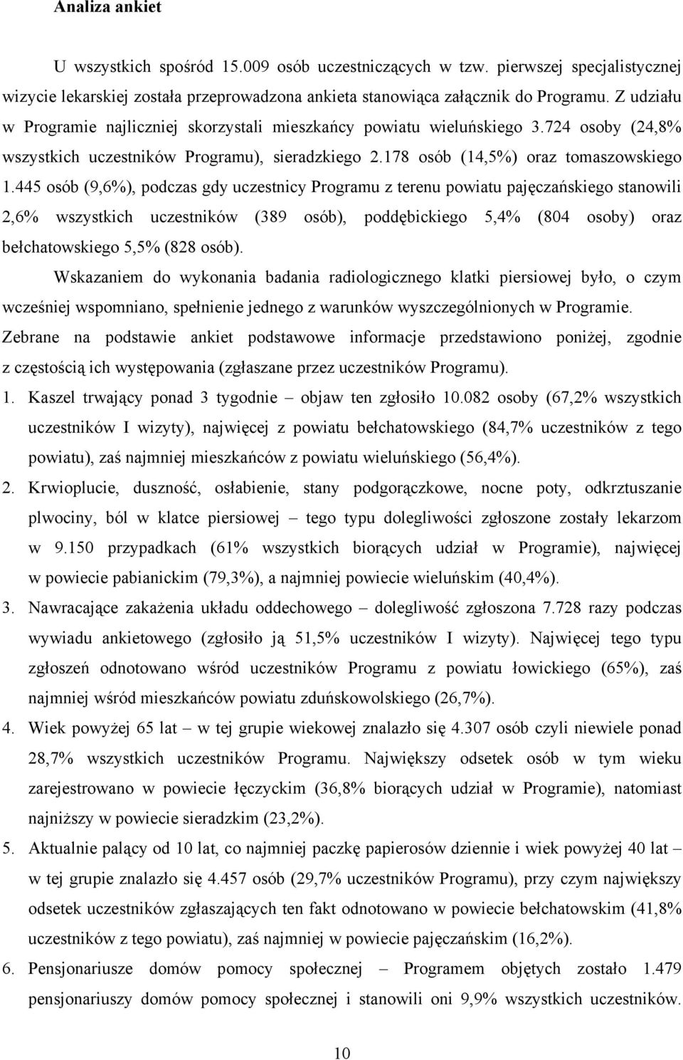 445 osób (9,6%), podczas gdy uczestnicy Programu z terenu powiatu pajęczańskiego stanowili 2,6% wszystkich uczestników (389 osób), poddębickiego 5,4% (804 osoby) oraz bełchatowskiego 5,5% (828 osób).