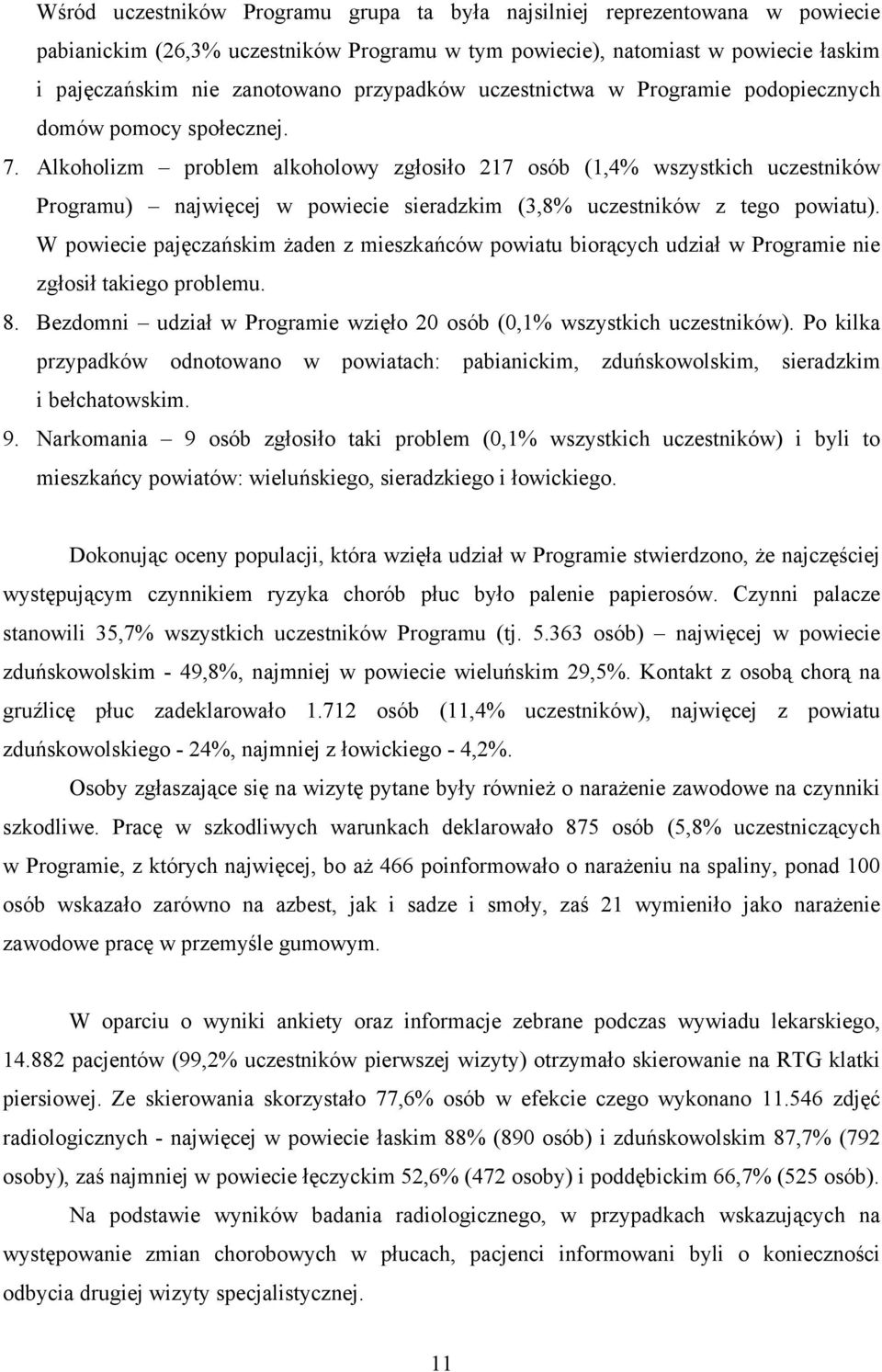 Alkoholizm problem alkoholowy zgłosiło 217 osób (1,4% wszystkich uczestników Programu) najwięcej w powiecie sieradzkim (3,8% uczestników z tego powiatu).