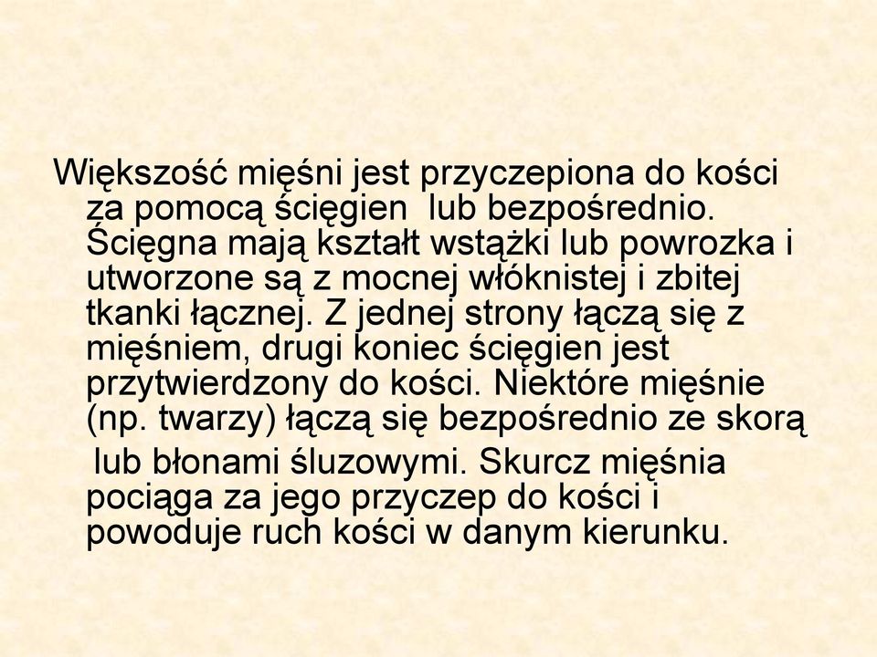 Z jednej strony łączą się z mięśniem, drugi koniec ścięgien jest przytwierdzony do kości. Niektóre mięśnie (np.