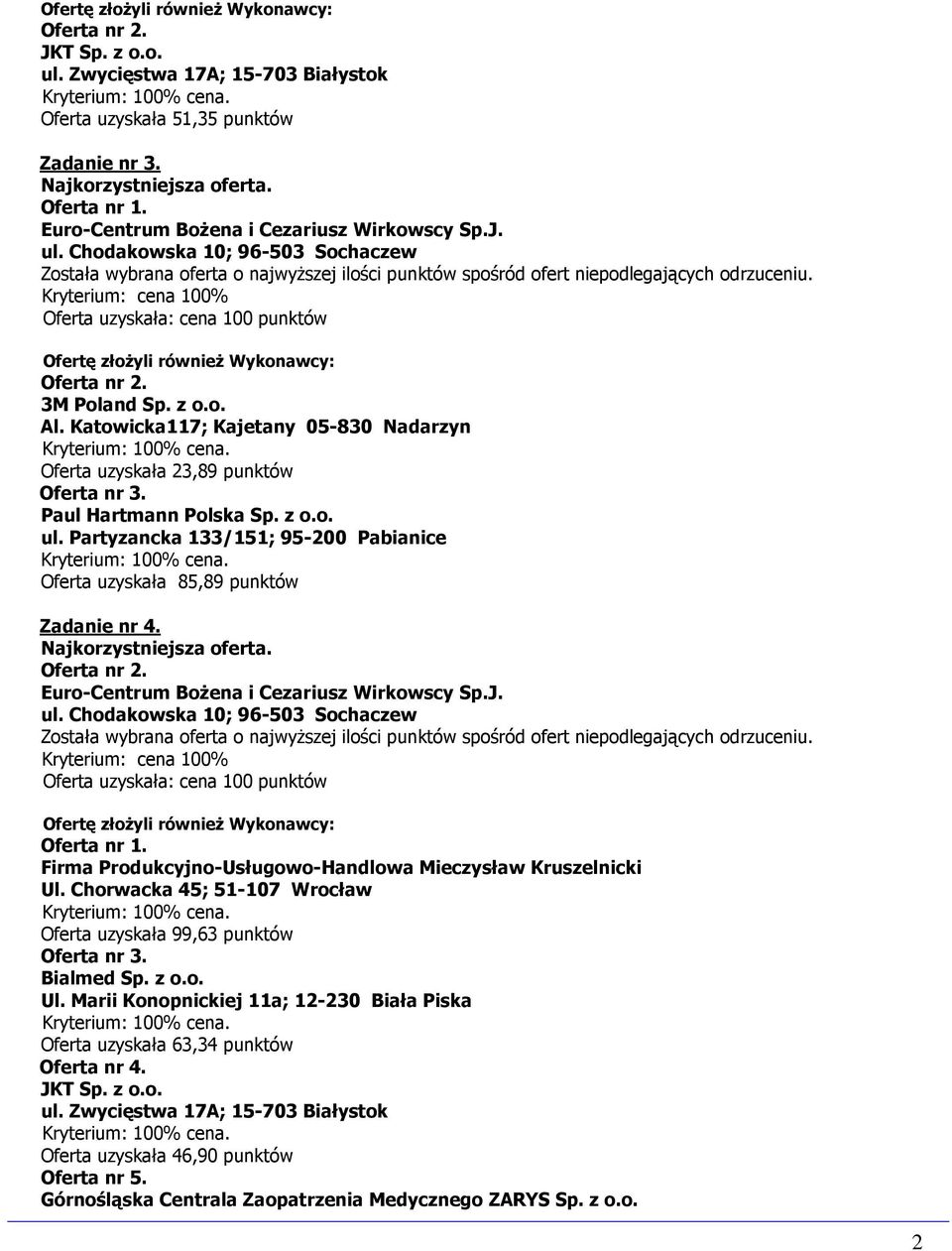 Oferta uzyskała 99,63 punktów Bialmed Sp. z o.o. Ul.