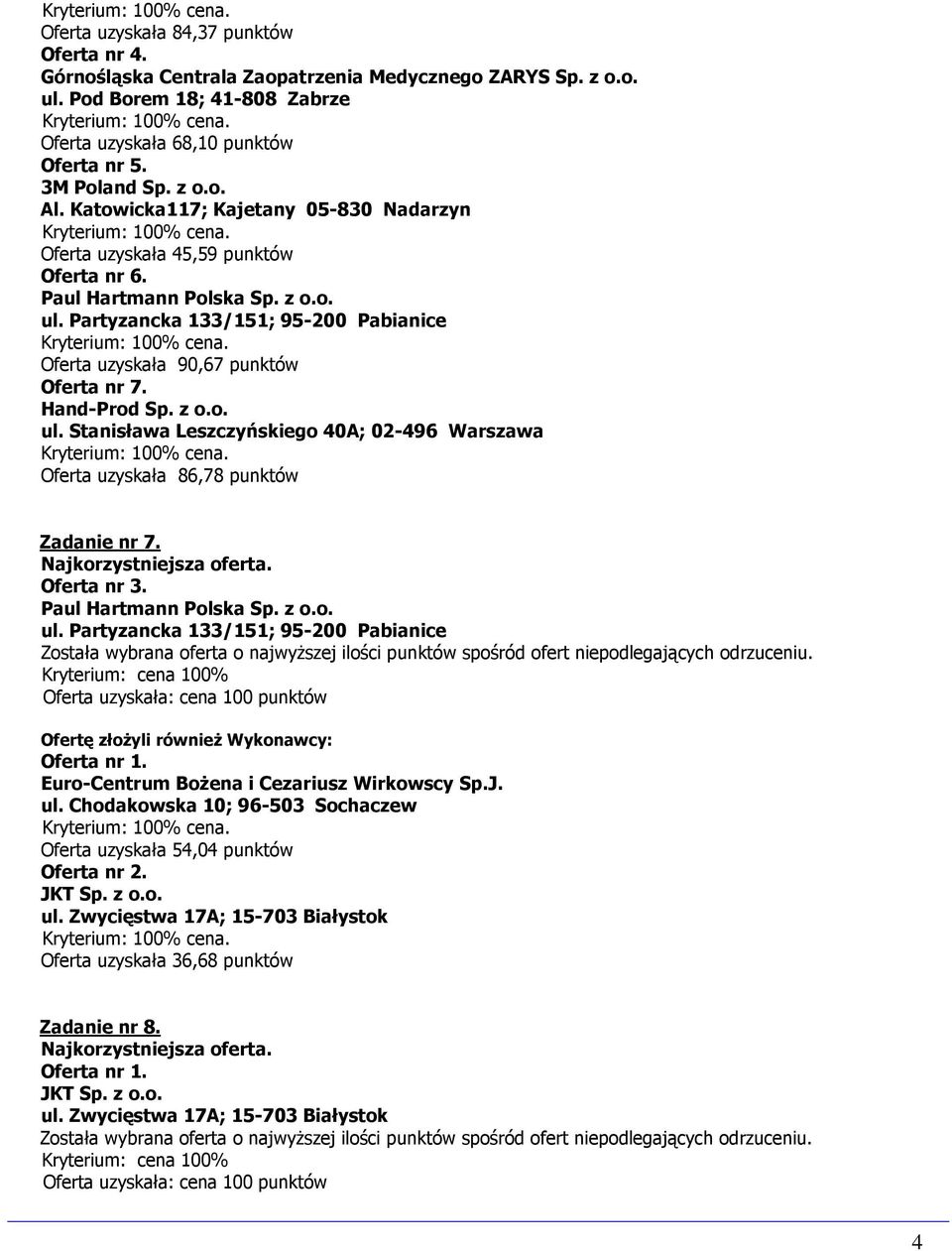 Oferta uzyskała 45,59 punktów Oferta nr 6. Oferta uzyskała 90,67 punktów Oferta nr 7. Hand-Prod Sp. z o.o. ul.