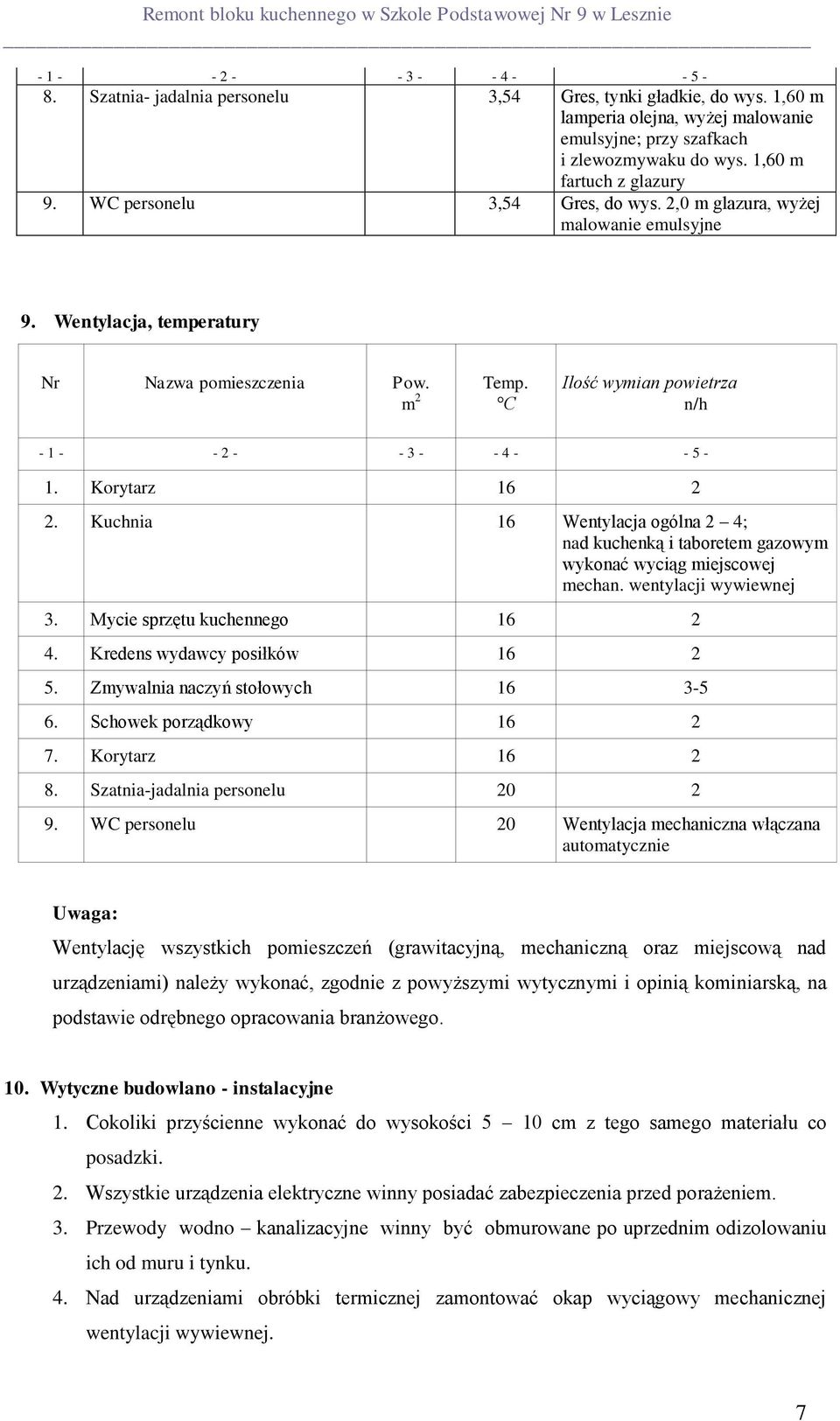 C Ilość wymian powietrza n/h - 1 - - 2 - - 3 - - 4 - - 5-1. Korytarz 16 2 2. Kuchnia 16 Wentylacja ogólna 2 4; nad kuchenką i taboretem gazowym wykonać wyciąg miejscowej mechan.