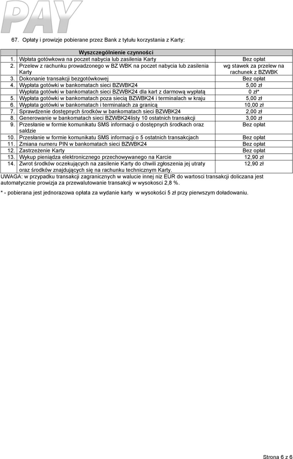 Wypłata gotówki w bankomatach sieci BZWBK24 5,00 zł Wypłata gotówki w bankomatach sieci BZWBK24 dla kart z darmową wypłatą 0 zł* 5.