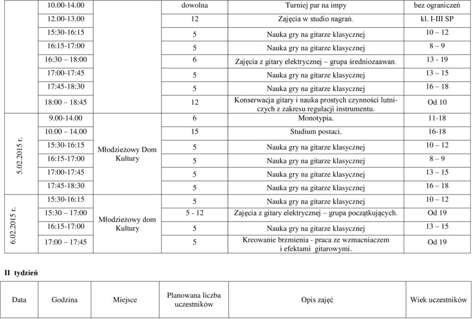 11-18 15:30-16:15 16:15-17:00 5 Nauka gry na gitarze klasycznej 8 9 15:30-16:15 15:30 17:00 5-12 Zajęcia z gitary elektrycznej grupa początkujących.