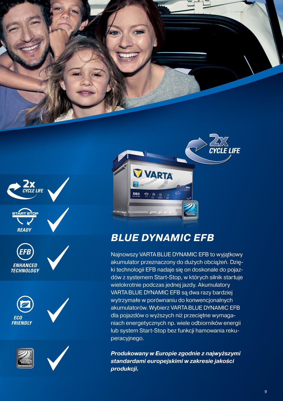 Akumulatory VARTA BLUE DYNAMIC EFB są dwa razy bardziej wytrzymałe w porównaniu do konwencjonalnych akumulatorów.