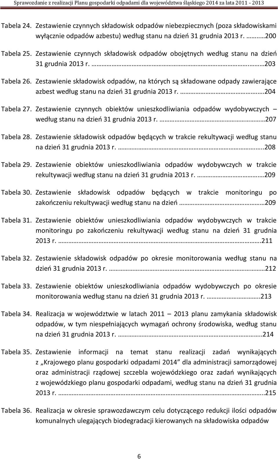 Zestawienie składowisk odpadów, na których są składowane odpady zawierające azbest według stanu na dzieo 31 grudnia 2013 r...204 Tabela 27.